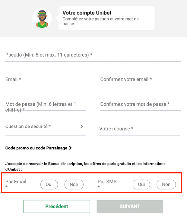 Formulaire d'inscription Unibet