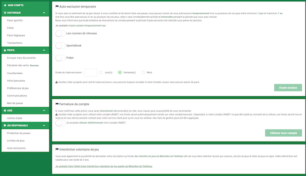 Paramètres de clôture de compte Unibet